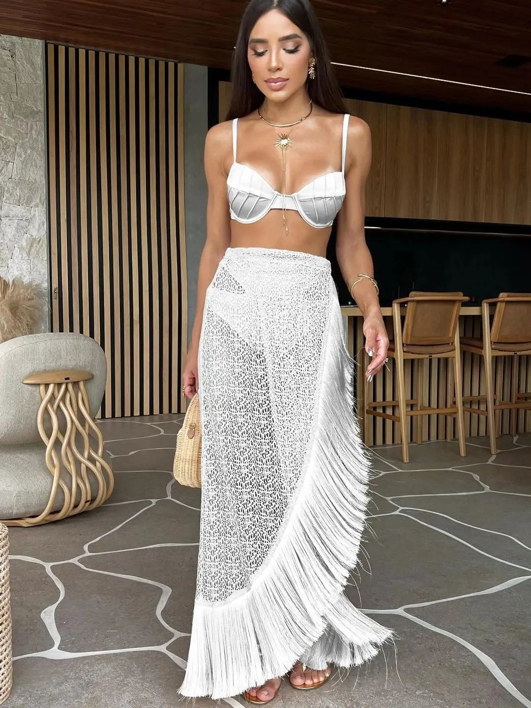 Sexy Solid Three Piece Bikini Set Padded Bra Tassel High Waist Mesh Beach Skirt Swimwear Summer Holiday Bathing Suit 240315