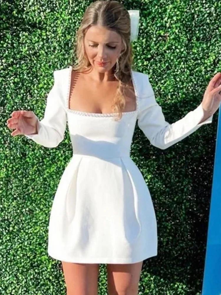 Casual Dresses Elegant Pearl Women Dress Long Sleeve Square Neck Slim Mini 2024 Spring Summer Fashion Party Lady Club A-line Vestidos