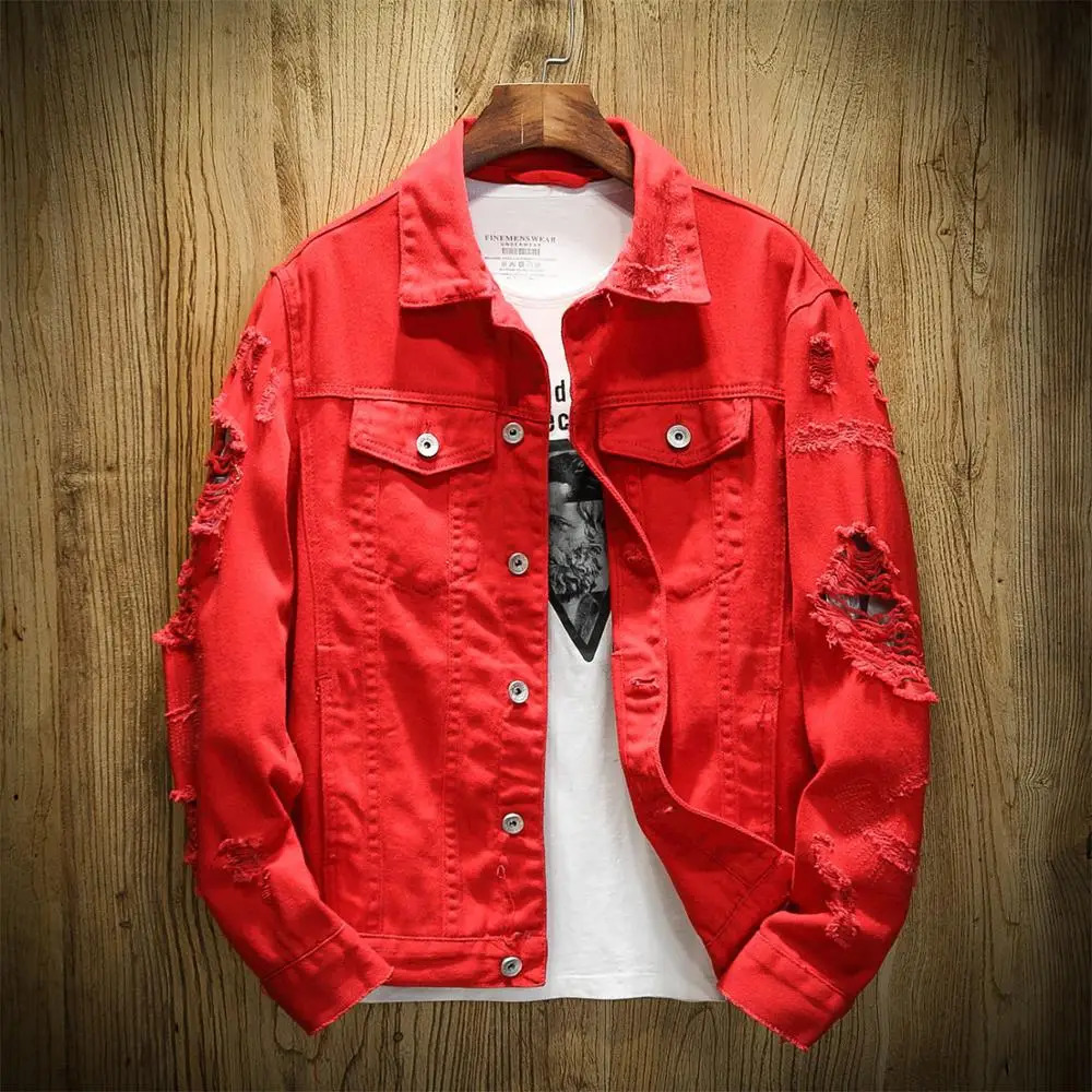 Spring Autumn Mens Jean Jacket Slim Fit Cotton Denim Jacket Red White Black Ripped Hole Jean Coats Men Outwear Plus size 240319