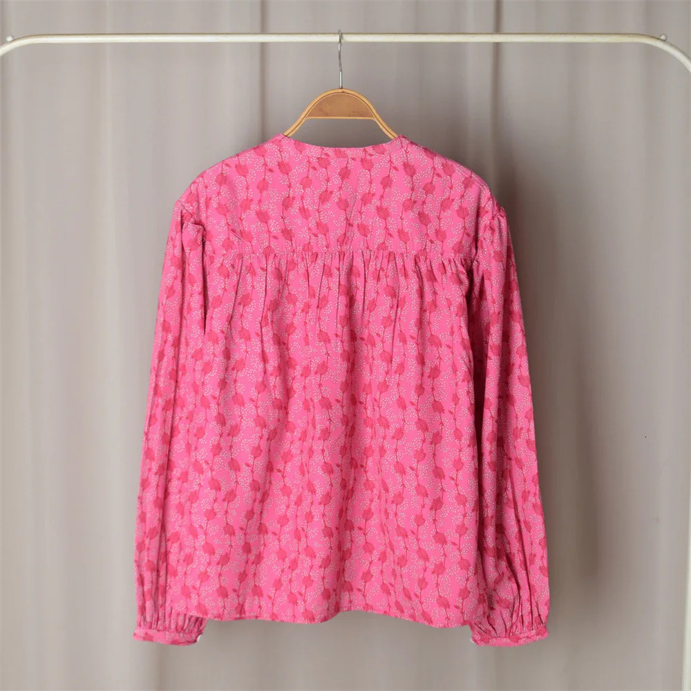 Spring Women Floral Print Shirt Vintage Single Breasted Long Lantern Sleeve Ladies O-neck Fashion Blouses 240315