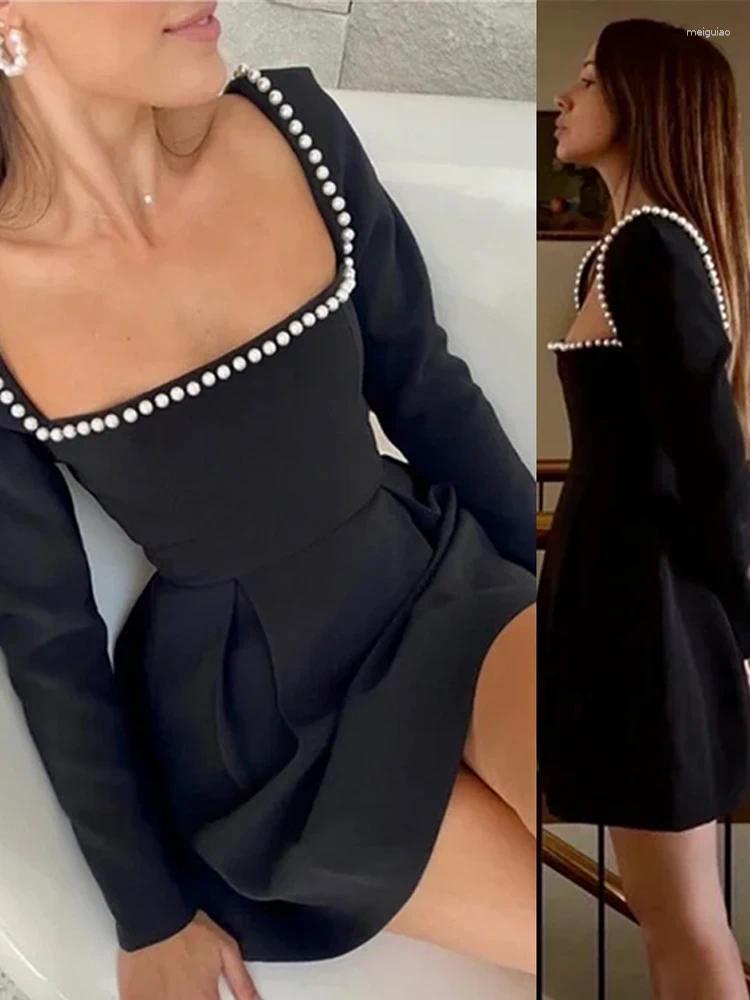 Casual Dresses Elegant Pearl Women Dress Long Sleeve Square Neck Slim Mini 2024 Spring Summer Fashion Party Lady Club A-line Vestidos