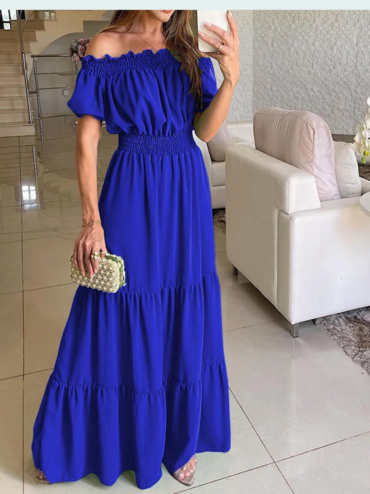 Summer Solid Boho Dress Women Fashion Elegant Beach Party Casual Slash Neck Office Maxi Dresses For Woman Robe Femme 240318wtt