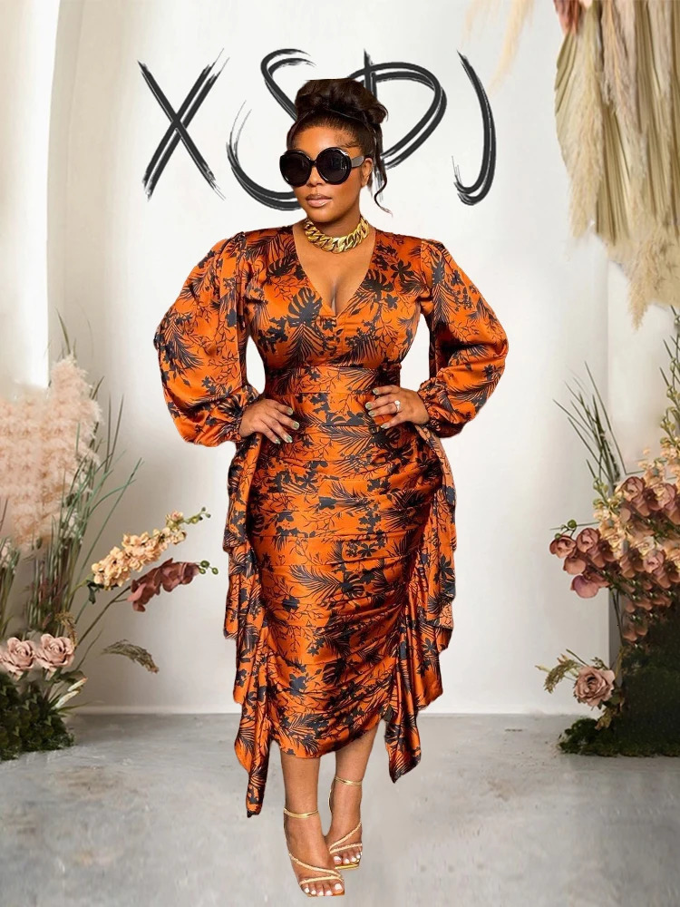 Elegant and Beautiful Womens Dresses Long Sleeved Ruffle Drape Dress V Neck Sexy Curvy Dresses Plus Size Wholesale Drop 240318