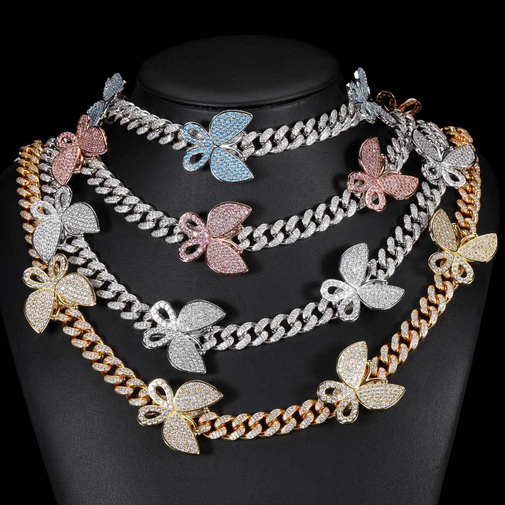 12mm Butterfly Curb Link Chain Necklaces Bling Iced Out Rhinestone Street Hip Hop Jewelry Gifts Silver Rose Gold Pink Blue Fashion Women Miami Cuban C