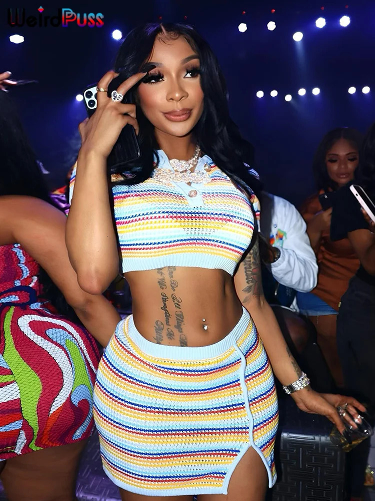 Weird Puss Knit Sexy Women Two Piece Set Striped Short Sleeve Crop TopsMini Split Skirts Stretch Matching Streetwear Outfits 240315