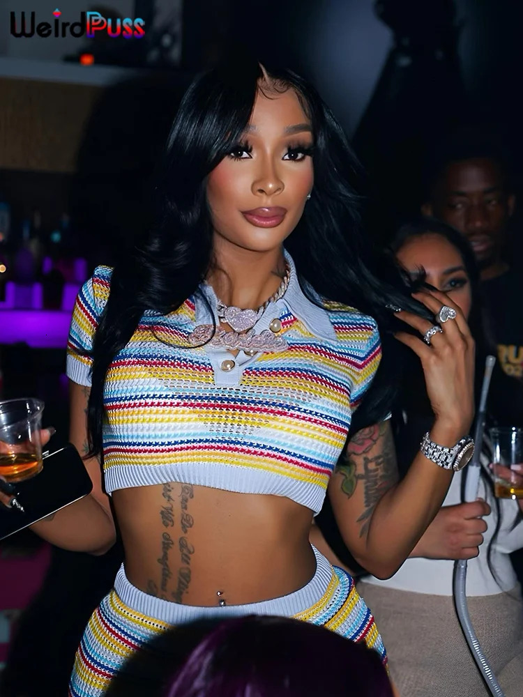 Weird Puss Knit Sexy Women Two Piece Set Striped Short Sleeve Crop TopsMini Split Skirts Stretch Matching Streetwear Outfits 240315