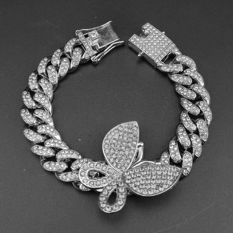 12mm Butterfly Curb Link Chain Necklaces Bling Iced Out Rhinestone Street Hip Hop Jewelry Gifts Silver Rose Gold Pink Blue Fashion Women Miami Cuban C