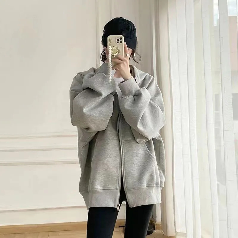 Xpqbb Black Gray ZipUp Hoodies Women Autumn Winter Oversized Casual Hooded Sweatshirt Female Thicken Fleece Warm Loose Coats 240318