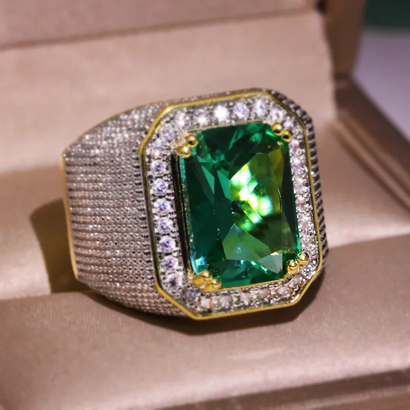 14K Yellow Gold Ring for Men Pure Natural Emerald Gemstone Bizuteria Jewelry Invisible Setting Square Engagement 14K Gold Rings 240323