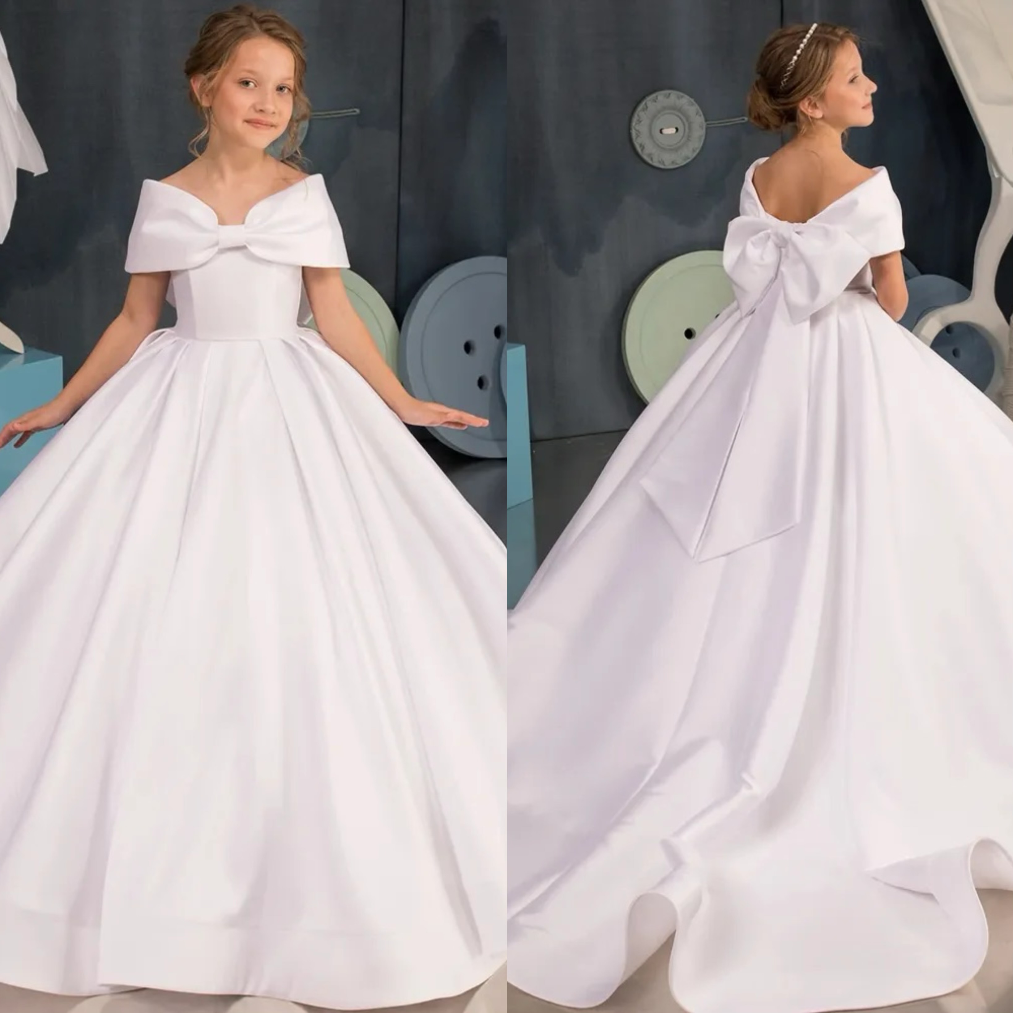 Elegant White Satin wer Girl Dresses Baby Girls for Wedding Party Gown Off Shoulder Bow Tie Kids Communion Dress