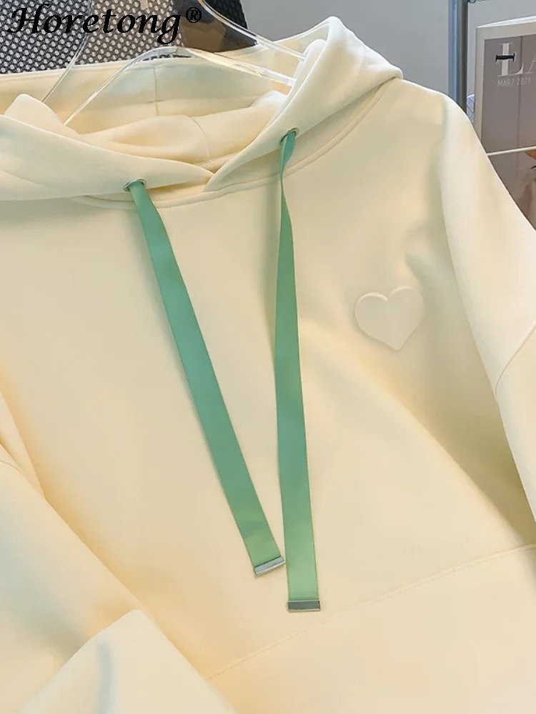 Horetong Hooded Casual Sweatshirt For Women Korean Autumn Winter Heart Embroidered Loose Hoodies Long Sleeve Pullover 240318