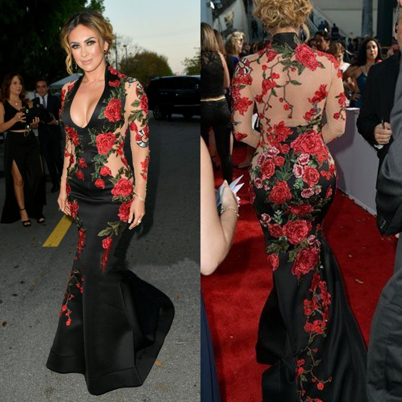 Sexy Black Mermaid Evening Dresses With Embroidery Red Floral Lace Appliques Illusion Long Sleeves Deep V-Neck Prom Dress Celebrity Gown For Women