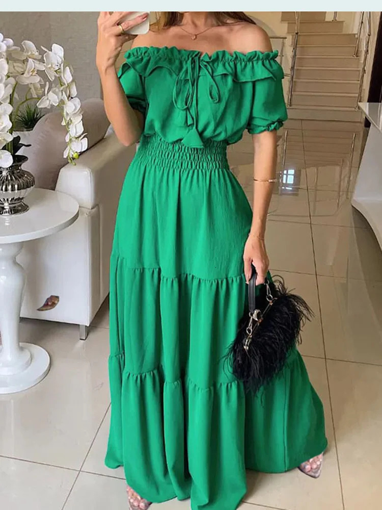 Summer Solid Boho Dress Women Fashion Elegant Beach Party Casual Slash Neck Office Maxi Dresses For Woman Robe Femme 240318wtt