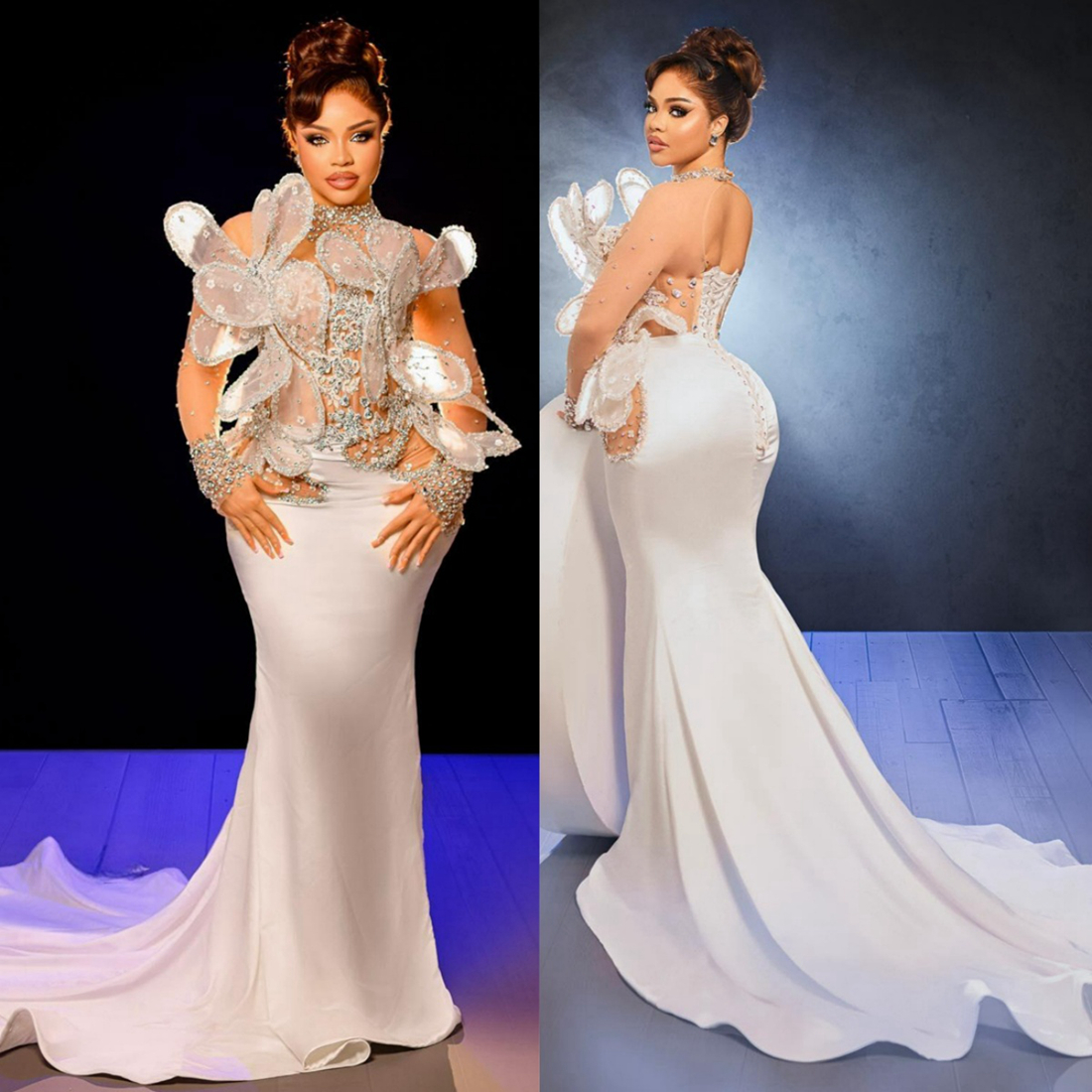 2024 Aso Ebi Prom Dresses for Black Women Mermaid Long Sleeves High Neck Illusion Rhinestones Promdress Evening DressesBirthday Party Dress Guest Gown