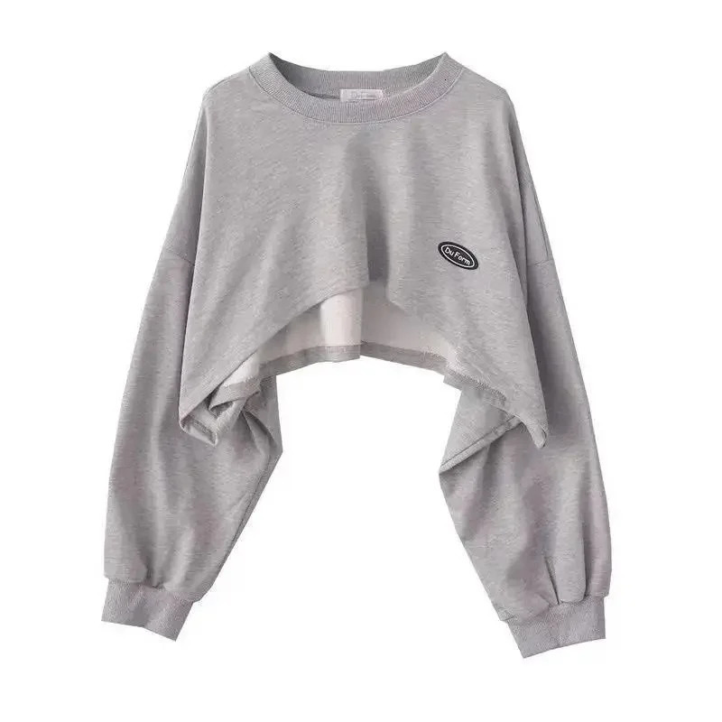 Womens Fashion Asymmetrical Cropped Camis Sweatshirt 2 Piece Casual Solid Long Sleeve Female Pullovers Chic Tops 240318