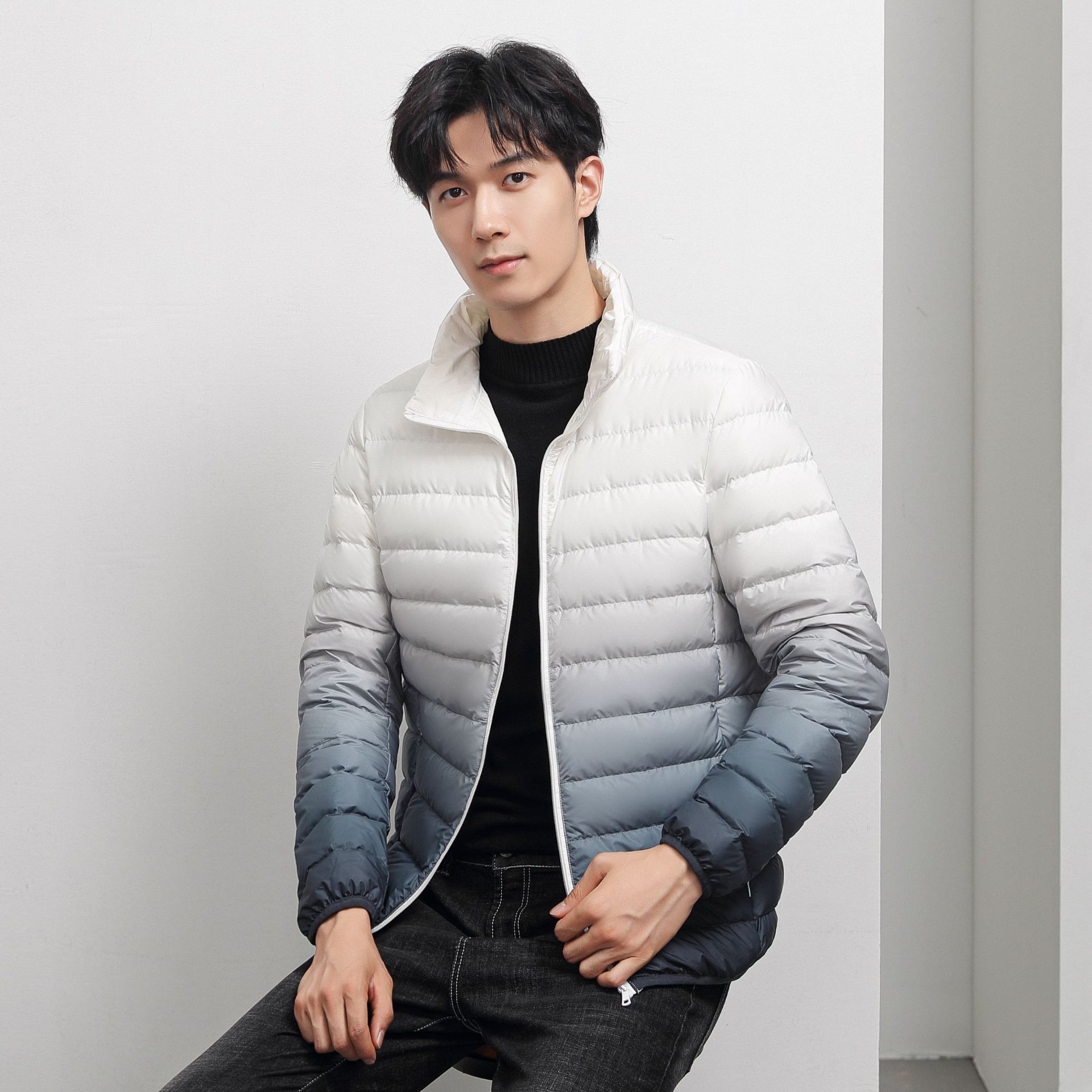 2023 Autumn Winter Men's White Duck Down Parkas Jackets Zipper Hooded Striped Man's Slim Short Coats GS003
