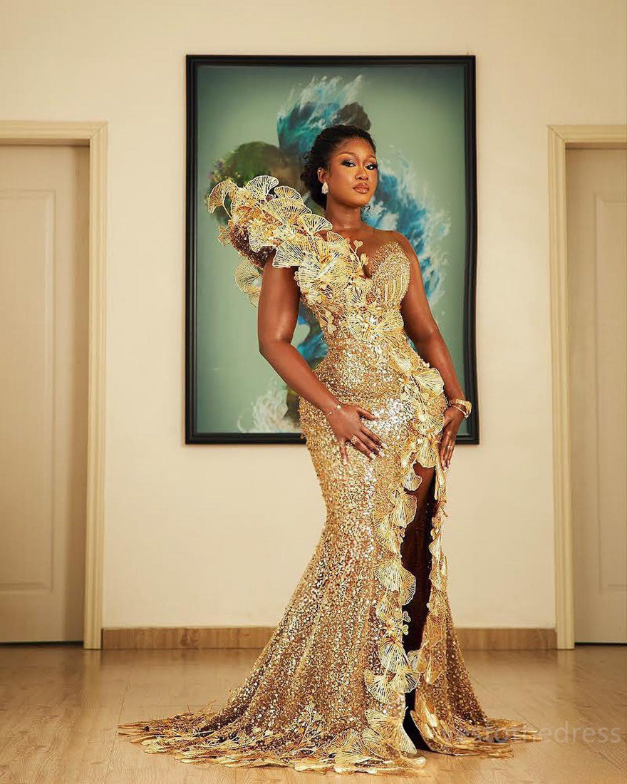 2024 Gold Plus Size Aso Ebi Prom Dresses For Black Women Evening Gowns Sequined Lace Mermaid Sexy Side Split Birthday Party Dress Reception Engagement