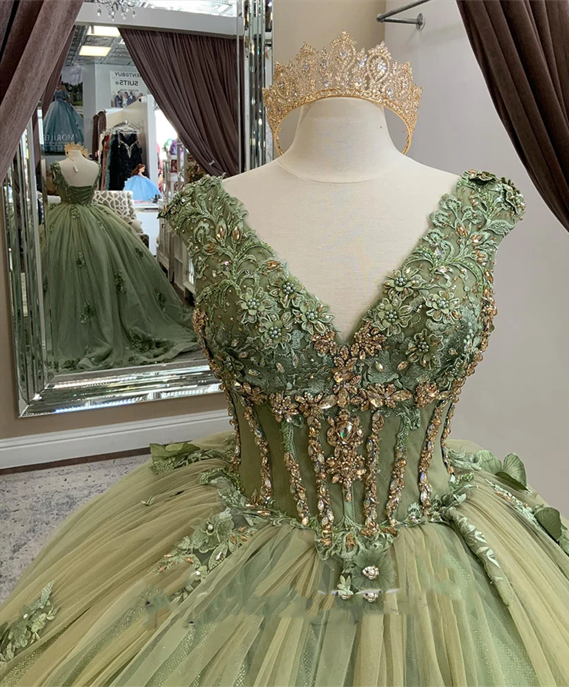 2024 Sage Ball Gown Princess Quinceanera Dresses Crystals Beaded 3D Floral Appliques Floor Length Sweet 15 Dress V-Neck Tank Sleeveless Lace-Up Corset