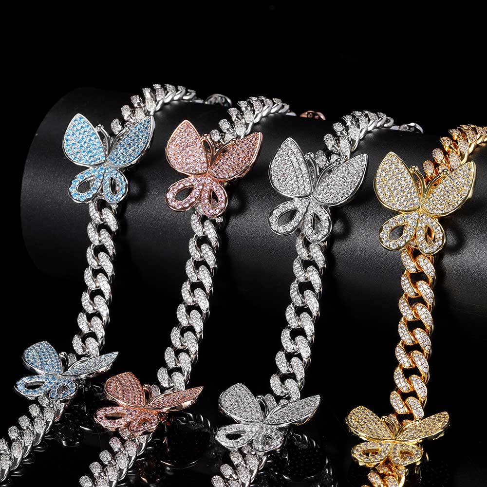 12mm Butterfly Curb Link Chain Necklaces Bling Iced Out Rhinestone Street Hip Hop Jewelry Gifts Silver Rose Gold Pink Blue Fashion Women Miami Cuban C