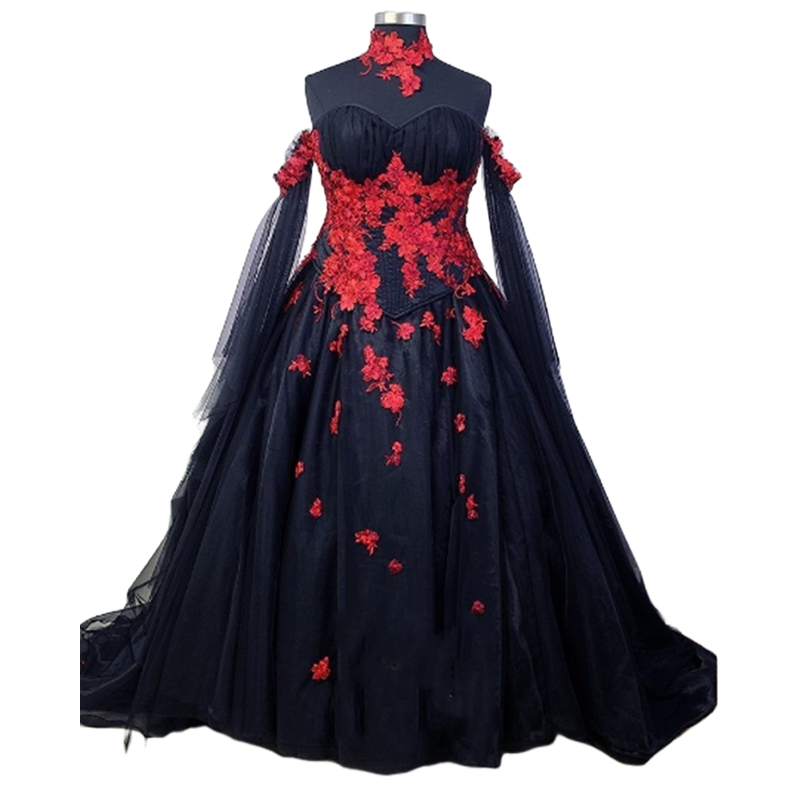 Vintage Black Gothic Wedding Dresses With Red Lace Appliques Sweetheart Neck Corset Lace-Up Back Plus Size Wedding Gown Off Shoulder Long Sleeves A Li