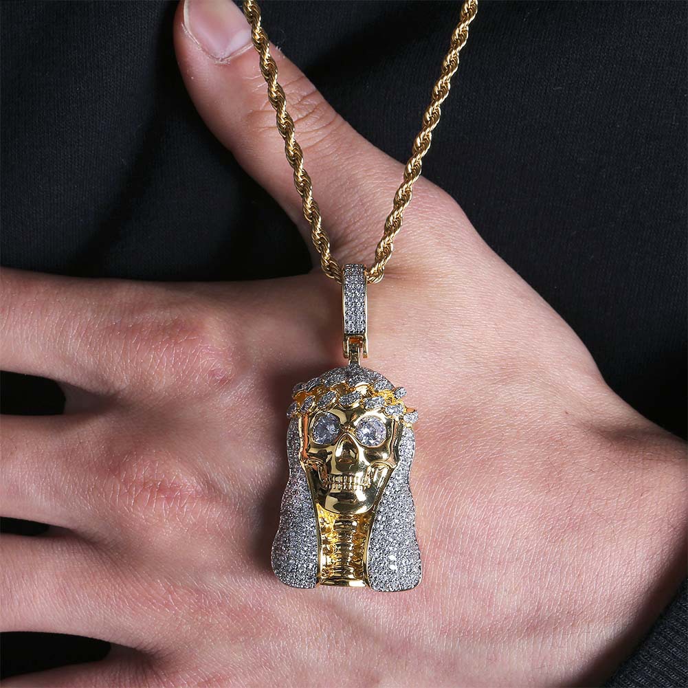 Hip Hop Gold Skull Pendant Necklace 18K Gold Plated TopBling Full Zircon Cool Men Rap Jewelry
