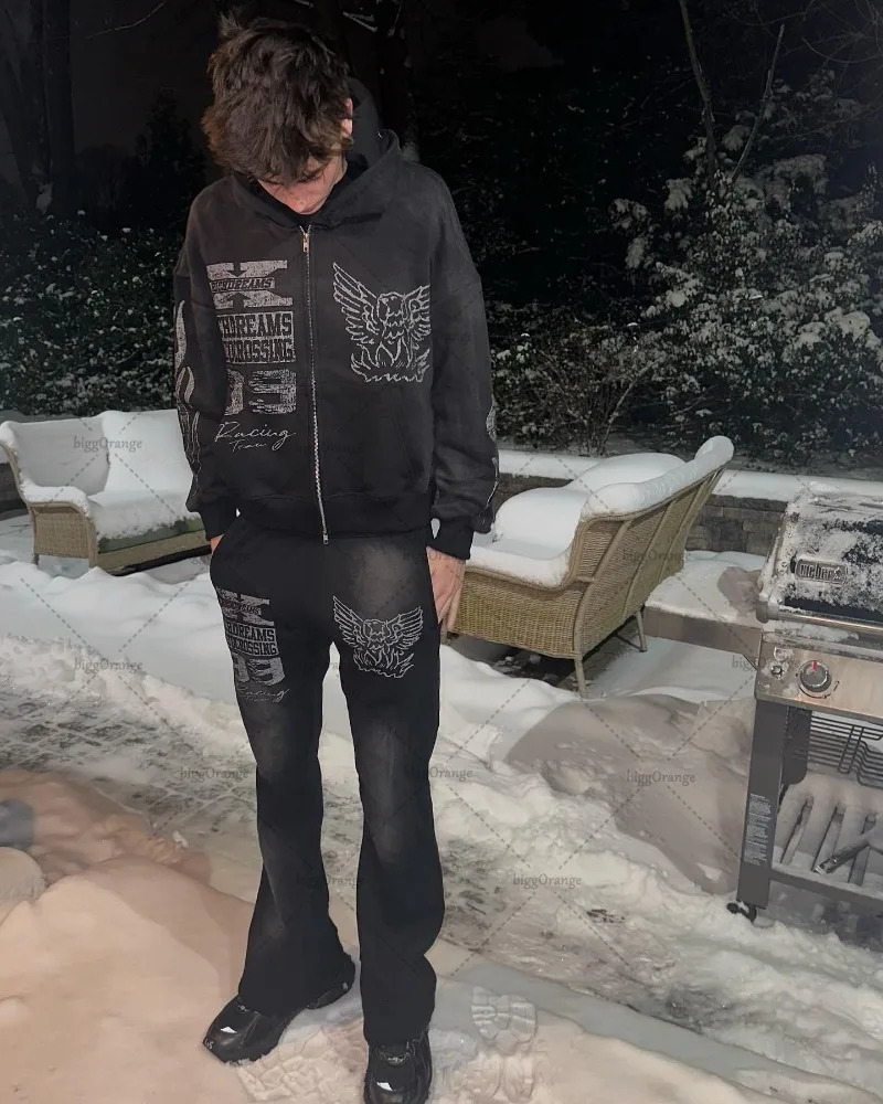 European and American Fashion Casual Oversized Hoodie Men Y2k Retro Anime Print Jacket Gothic Harajuku Zipper Sweatshirt 240321