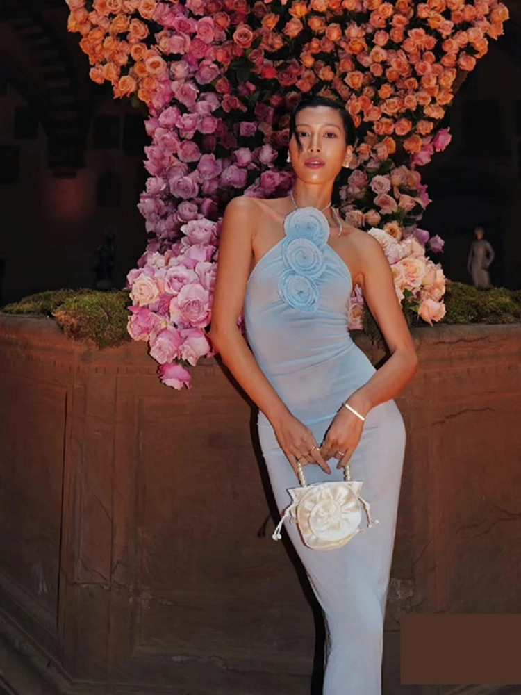 Sexy Halter Neck 3D Flower Bodycon Long Dres Light Blue Sleeveless Laceup Floor Length Dress Evening Party Club Dresses 240312