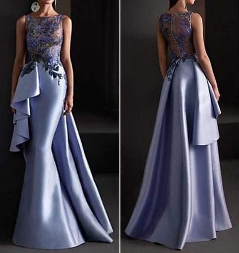 Elegant Lavender Mermaid Evening Dresses With Peplum Skirt Lace Appliques Crew Neck Sleeveless Long Mother Of The Bride Dress Formal Party Prom Wear