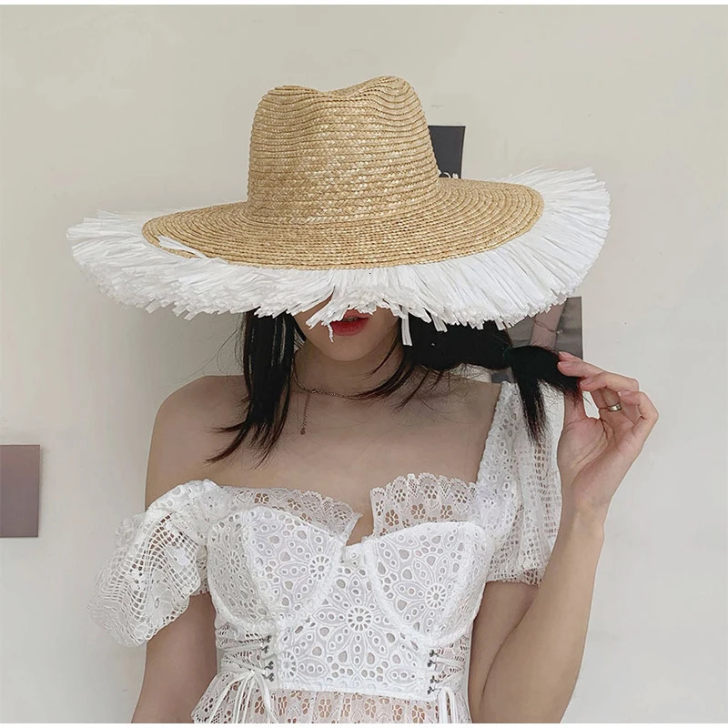 Large Eaves Beach Sunhat Woven Straw Hat Summer Outdoor Sun Protection Breathable Fisherman Hat Sunshade Cap Bohemian Beach Hat 240410