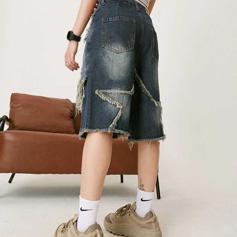 Harajuku Vintage Functional Embroidered Star Pattern Denim Shorts Mens Oversized Sunny Bermuda Casual Shorts College Pants Y2K 240319