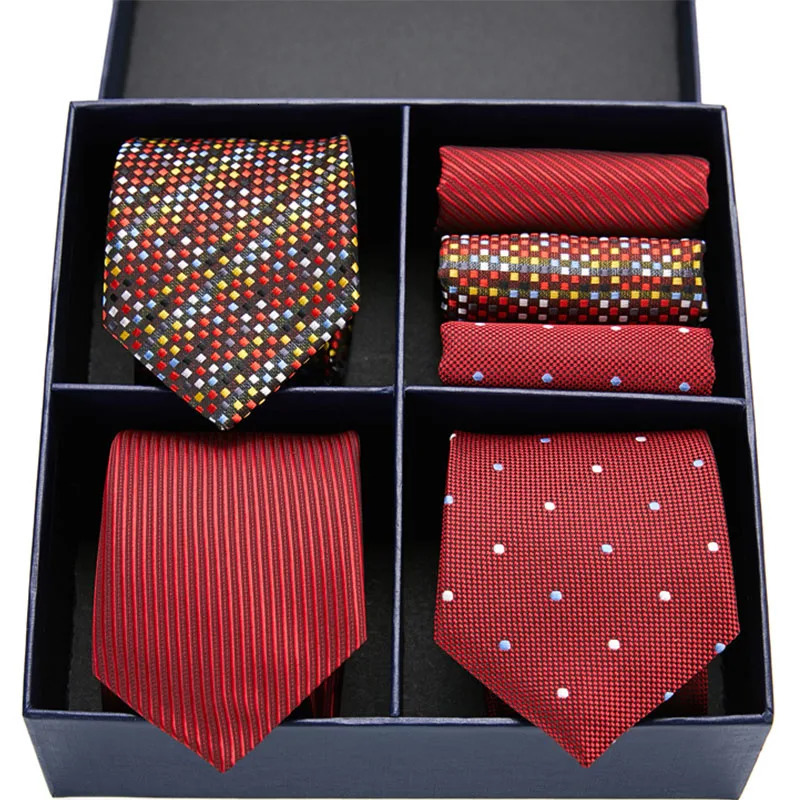 Gift box packing Silk Ties For Men Novelty Hanky Set 3 Styles Mens Tie Formal Red Cravat for Wedding Business Necktie 240323