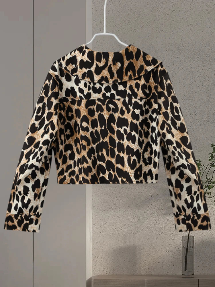 Y2k Leopard Crop Jacket Women Fashion Street Long Sleeve Loose Female Coat Spring Zipper Lapel Moto Biker Lady Outwear 240315