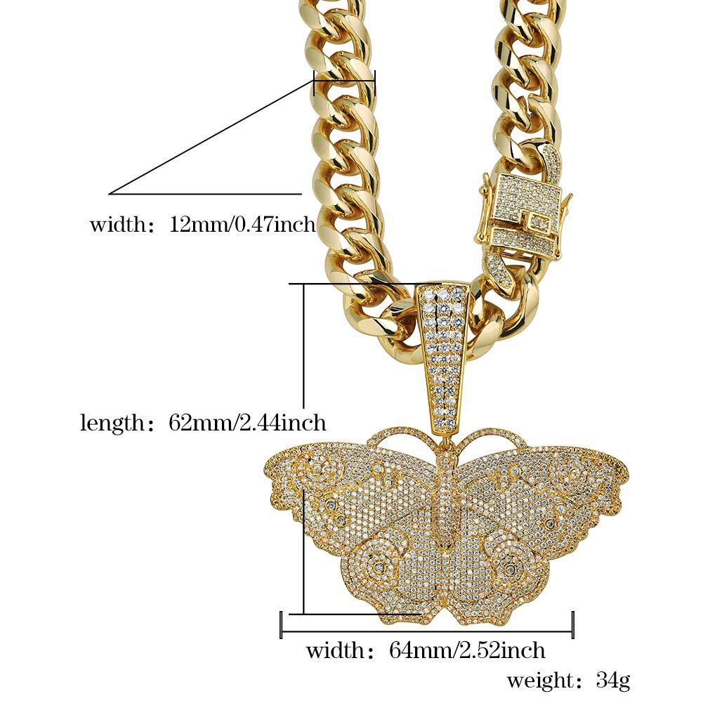 Hip Hop Colorfull Solid Butterfly Pendant Necklace 18K Real Gold Plated 5A Zircon Women Men Large Buttonhead Jewelry