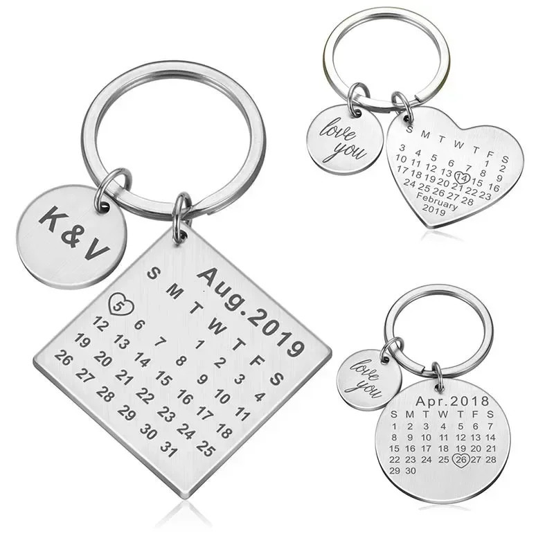 Personalized Custom KeyChain Engraved Calendar Date Stainless Steel Keyring Wedding Anniversary for Boyfriend Husband Heart Gift 240309