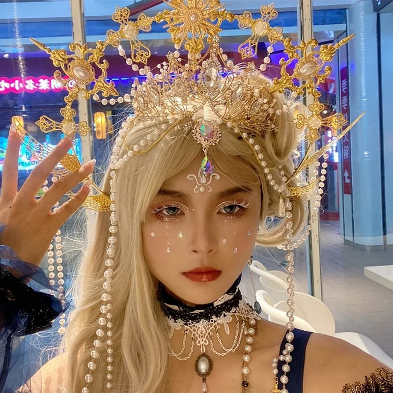 Church Angel Goddess Pearl Chain Hair Crown Cosplay Headdress Retro Lolita Virgin Halo Aperture Apollo Sun headband 240313