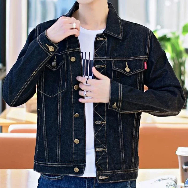 Mens Denim Jacket Short Casual Slim Black Male Jean Coats Button in High Quality Trendy Price Stylish Low Cost Size L 240319