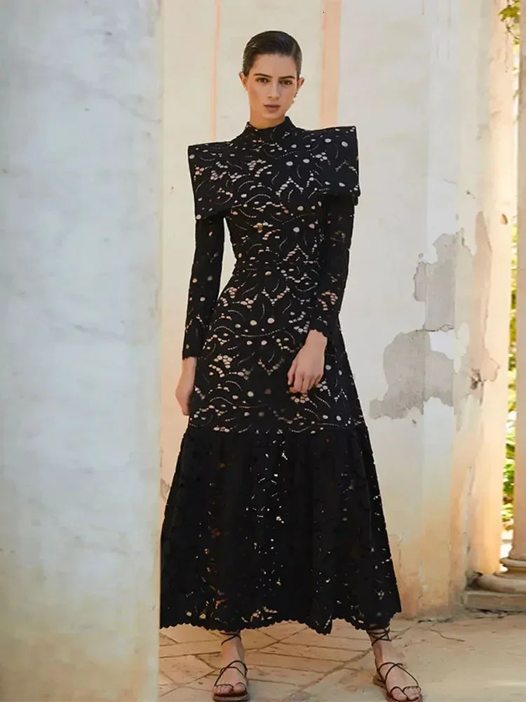 Women White Lace Hollow Out Maxi Dress Aline High Collar Long Sleeve Office Vestidos 2024 Fashion Lady Elegant Streetwear 240312