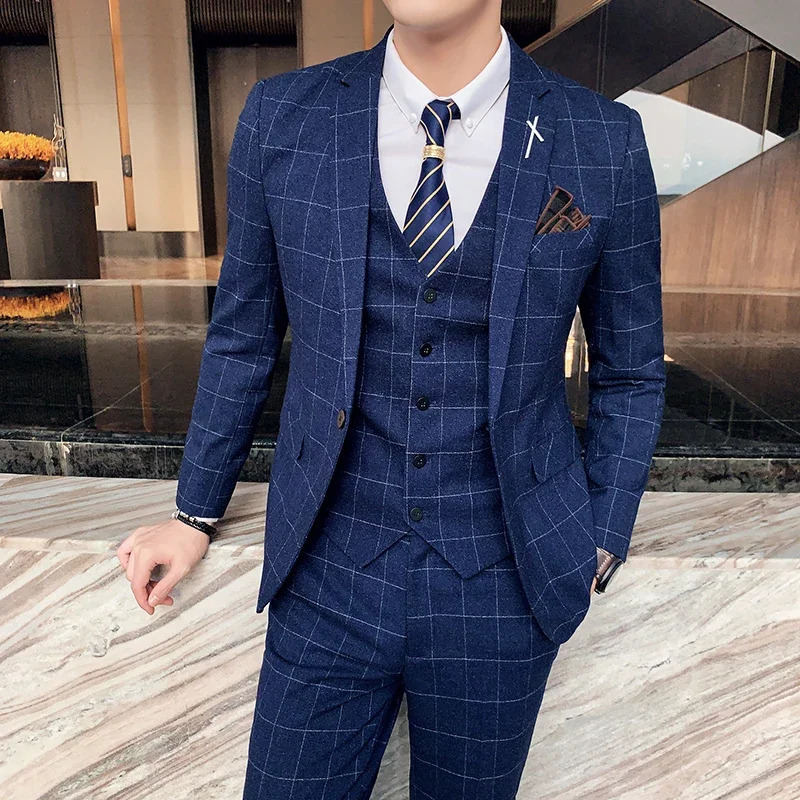 S7XL JacketVestPants Fashion Boutique Lattice Formal Business Mens Suit 3pcs Set Groom Wedding Dress Plaid Show Stage 240312