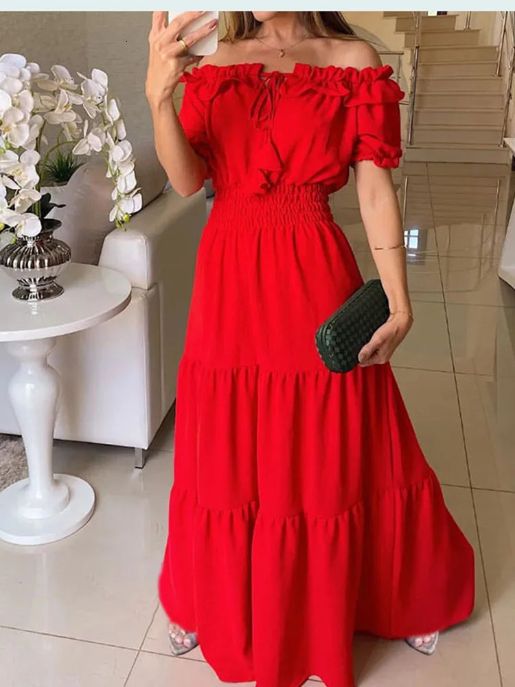 Summer Solid Boho Dress Women Fashion Elegant Beach Party Casual Slash Neck Office Maxi Dresses For Woman Robe Femme 240318wtt