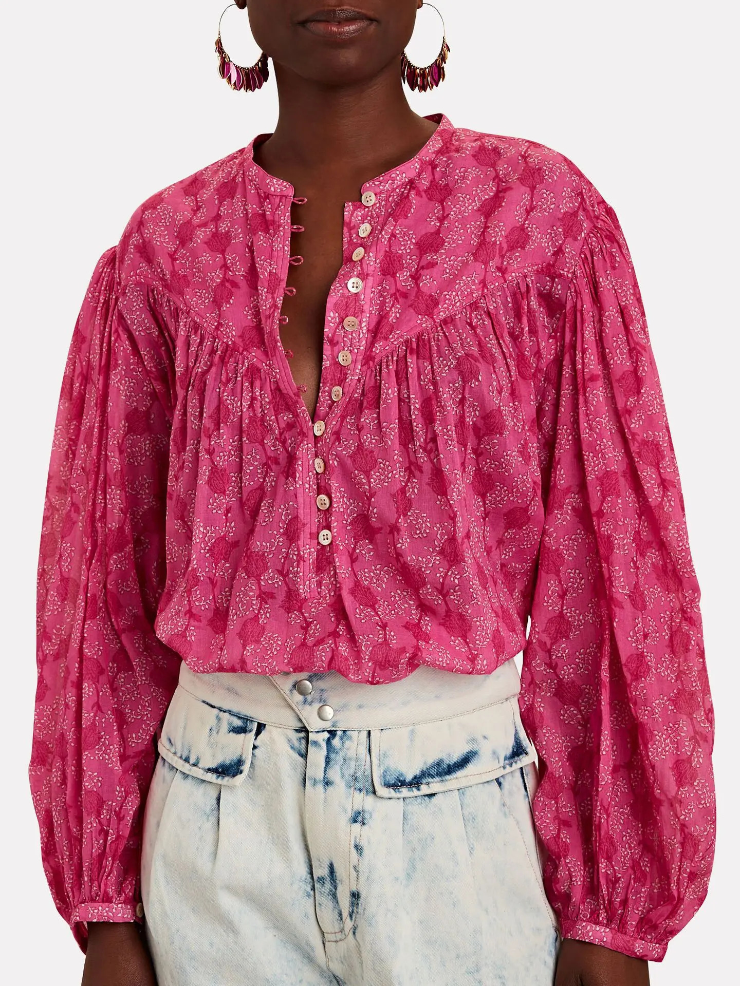 Spring Women Floral Print Shirt Vintage Single Breasted Long Lantern Sleeve Ladies O-neck Fashion Blouses 240315