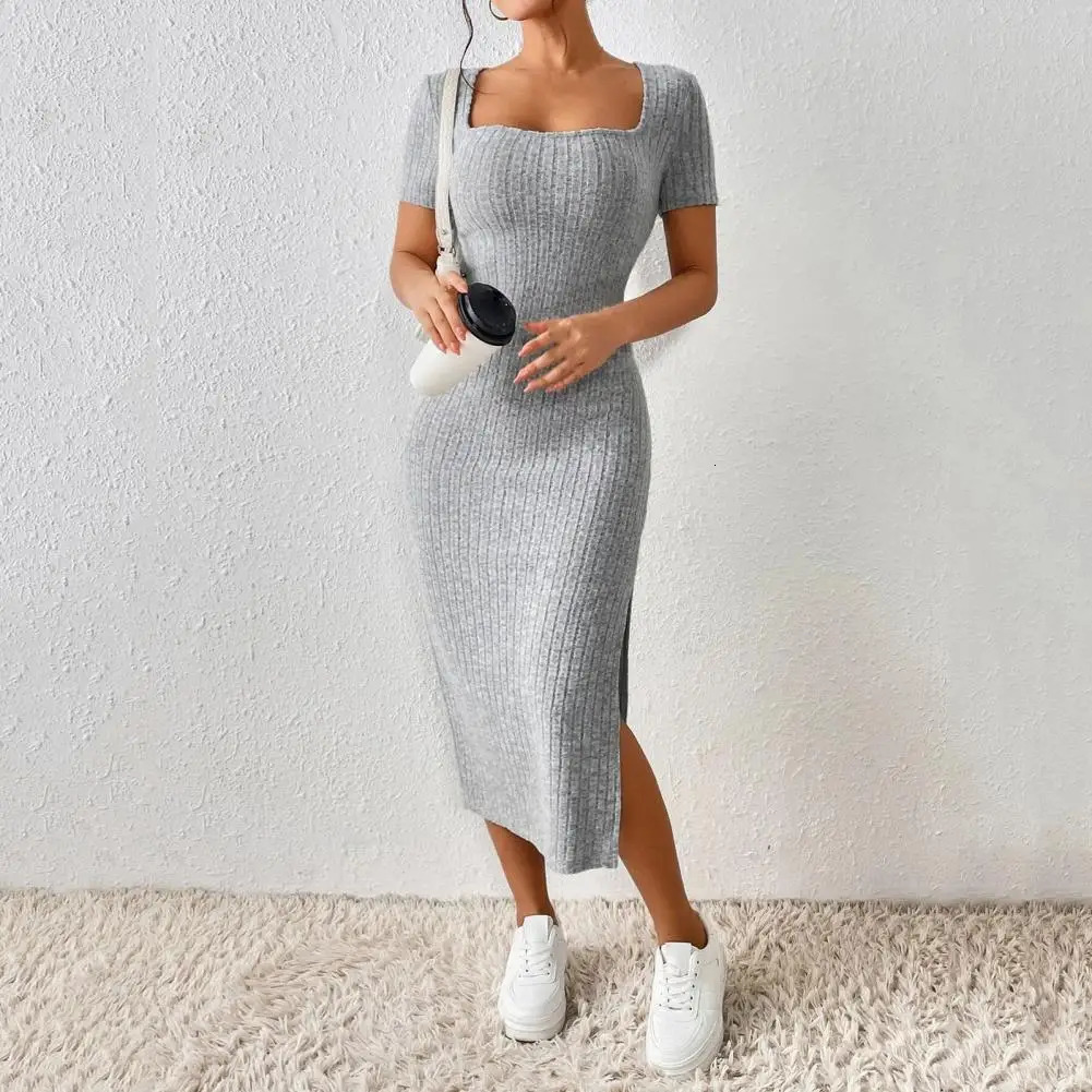 Summer Hip-covering Slit Dress Elegant Square Neck Knitted Midi Dress for Women Solid Color Split Hem Party Commute Dress 240319