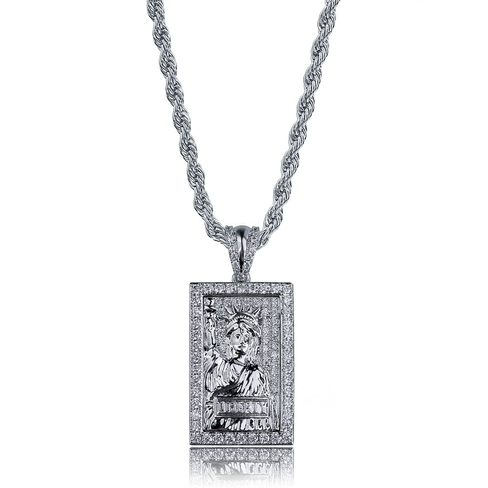 Hip Hop Vintage Lady Liberty Pendant Necklace Full 5A Zircon 18k Real Gold Plated Women Men Jewelry Gift