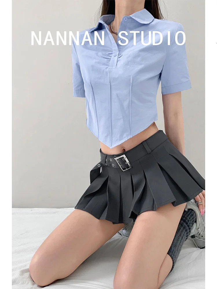 Woman Gyaru Skirt Kpop Mini Aesthetics Pleated Allmatch Aline Preppy Style With Belt Solid Color Casual Knit Cotto 240321