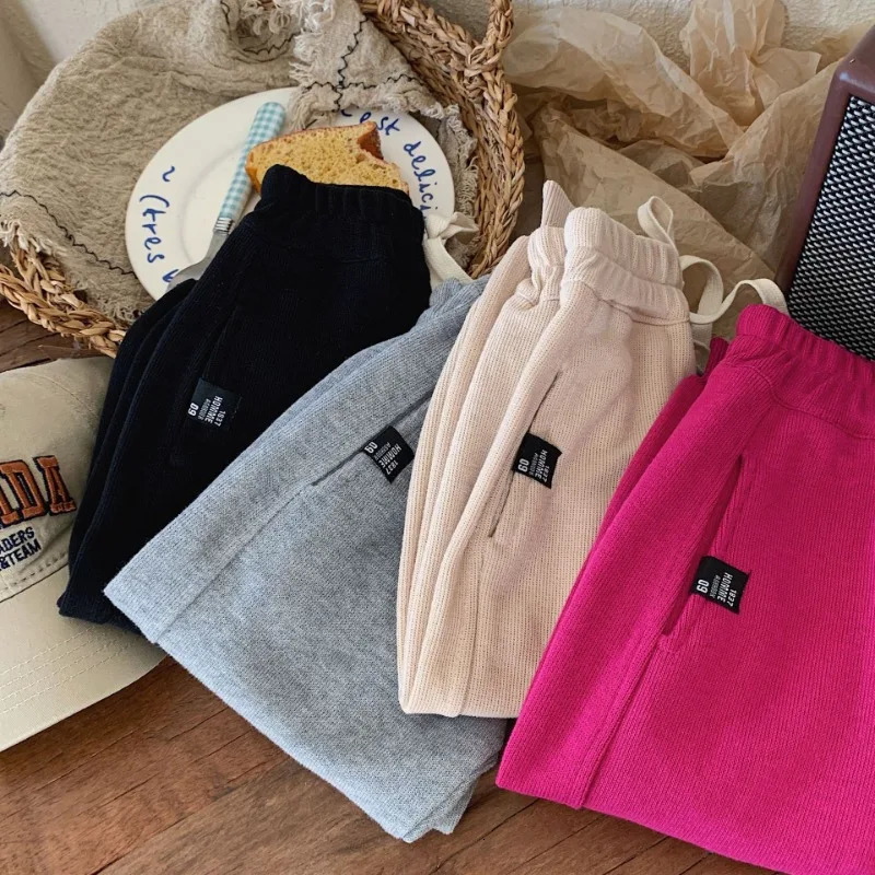 Spring Autumn Kids Girl Boy Casual Versatile Pants Solid Elastic Waist Jogger Children Sweat E4327 240315