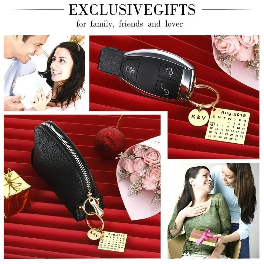 Personalized Custom KeyChain Engraved Calendar Date Stainless Steel Keyring Wedding Anniversary for Boyfriend Husband Heart Gift 240309