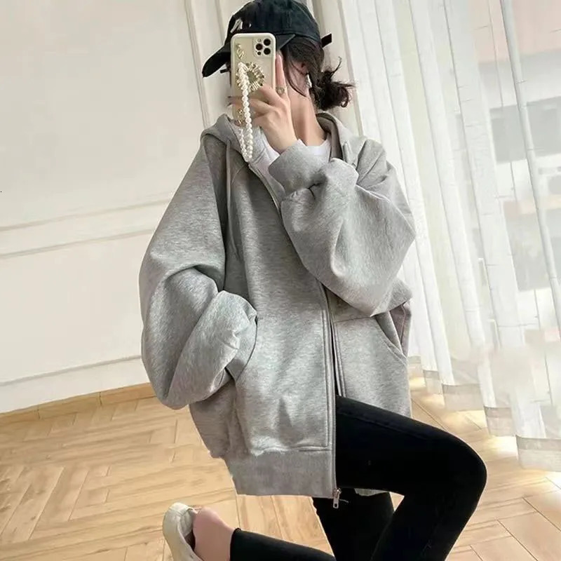 Xpqbb Black Gray ZipUp Hoodies Women Autumn Winter Oversized Casual Hooded Sweatshirt Female Thicken Fleece Warm Loose Coats 240318