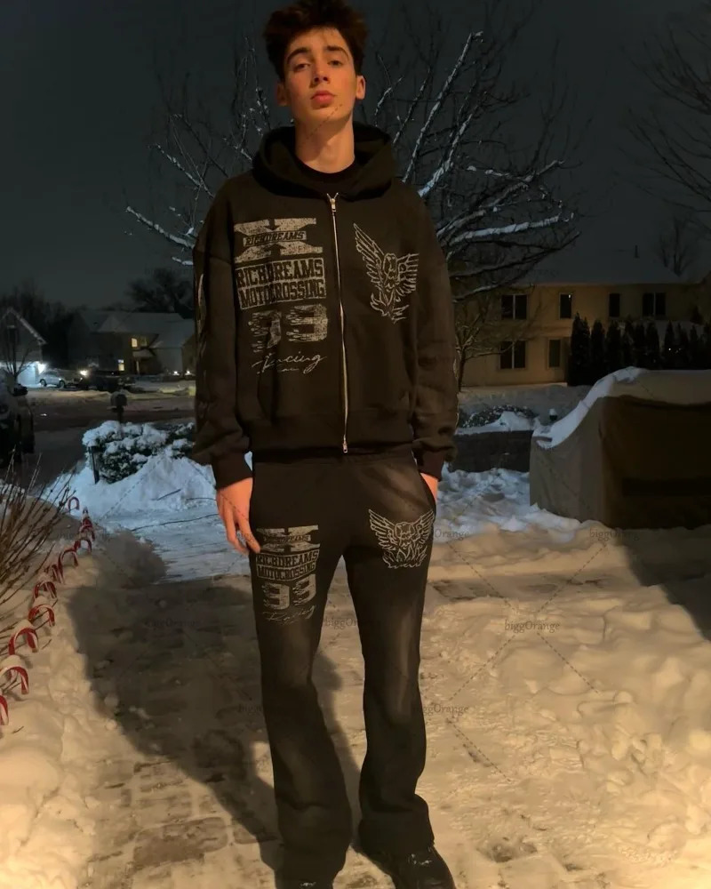 European and American Fashion Casual Oversized Hoodie Men Y2k Retro Anime Print Jacket Gothic Harajuku Zipper Sweatshirt 240321