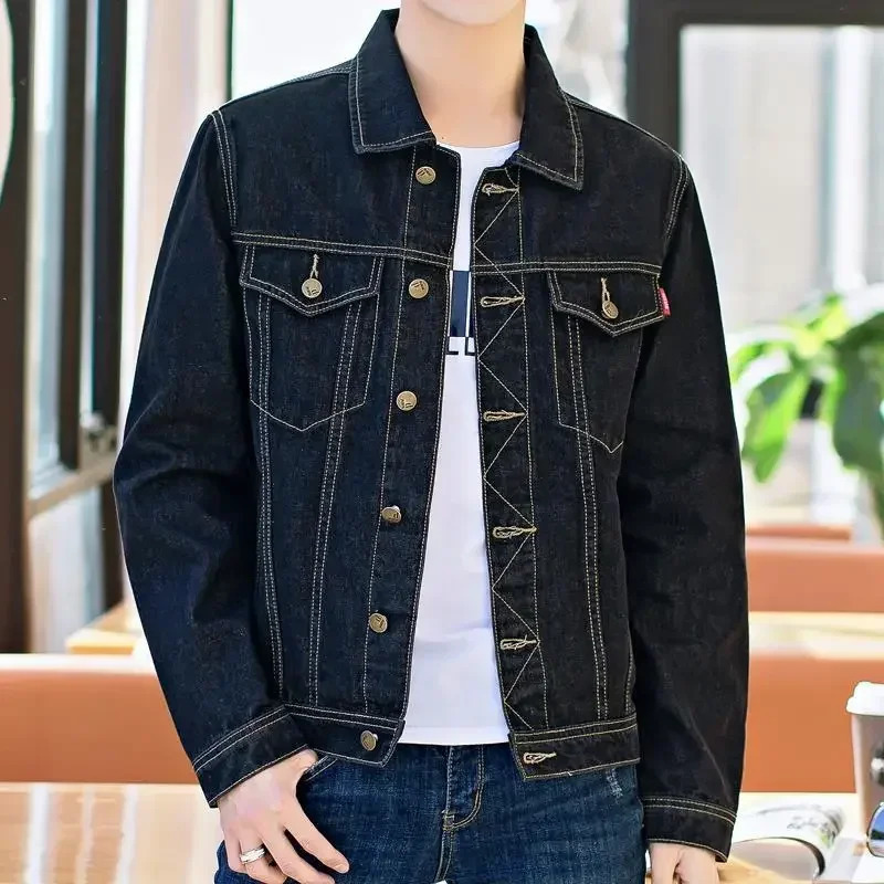 Mens Denim Jacket Short Casual Slim Black Male Jean Coats Button in High Quality Trendy Price Stylish Low Cost Size L 240319