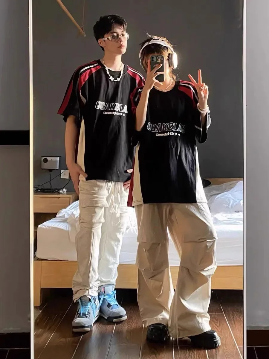 Deeptown Vintage Oversized T Shirts Women Man Y2k Streetwear Patchwork Short Sleeve Tees Female Casual Sporty Black Couple Tops 240321