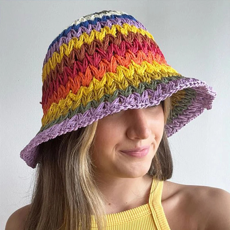 Colorful Straw Hats for Women Handmade Bucket Hat Spring Summer Sunshade Travel Cap Outdoor Shade Foldable Woven 240320